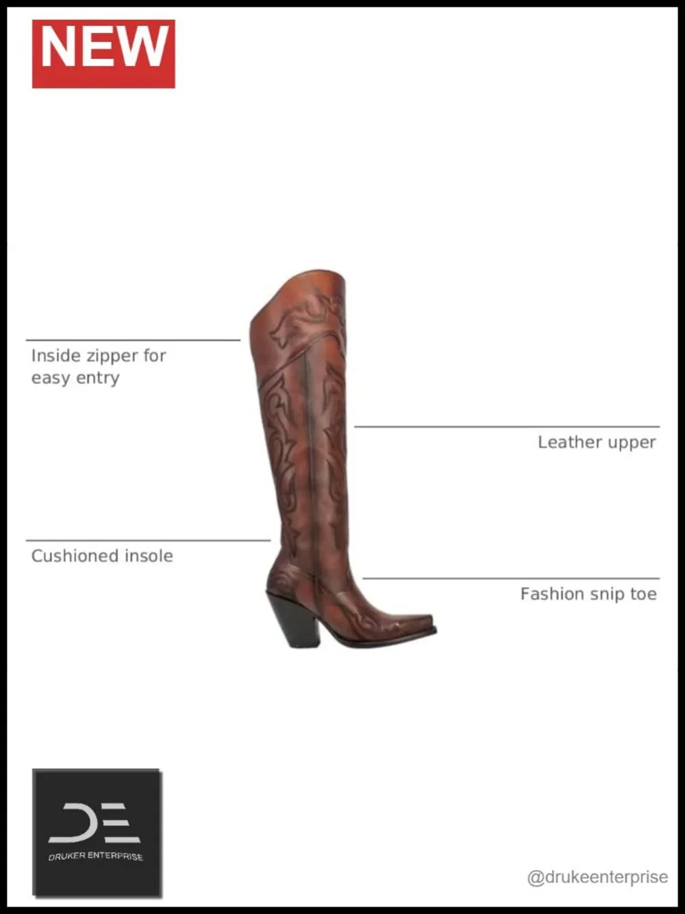 Embroidered Snip Toe Zippered Over the Knee Boots Leather Heels 3